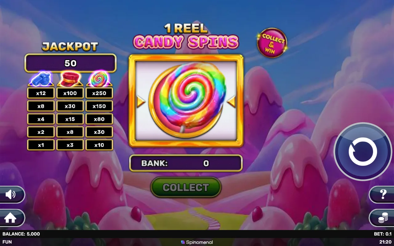 The base game — 1 Reel Candy Spins