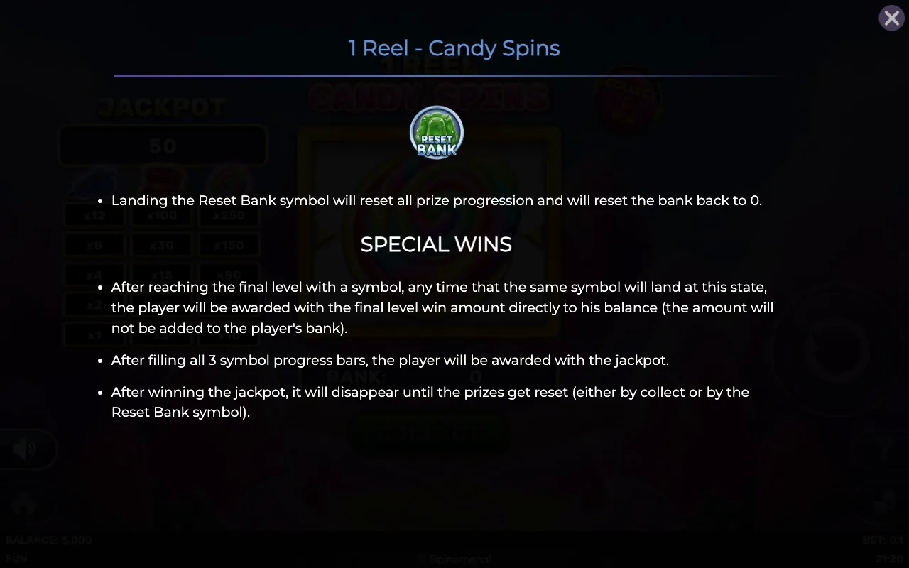 Special wins — 1 Reel Candy Spins