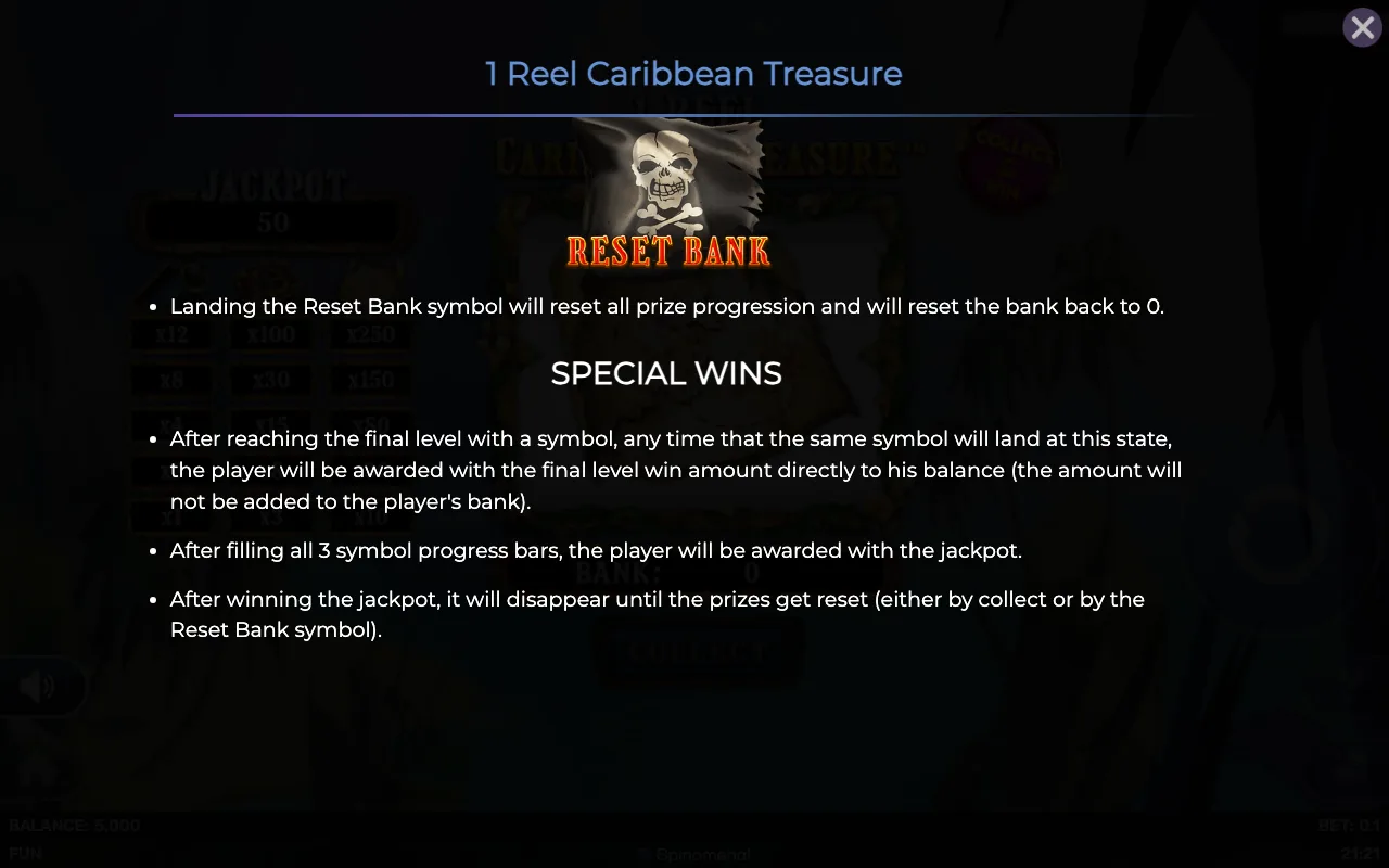 Special wins — 1 Reel Caribbean Treasure
