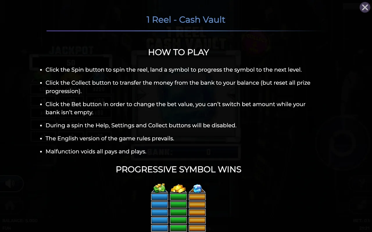 How to play — 1 Reel Cash Vault