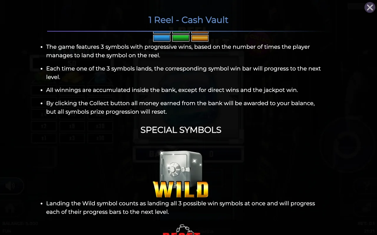 Game rules, page 2 — 1 Reel Cash Vault