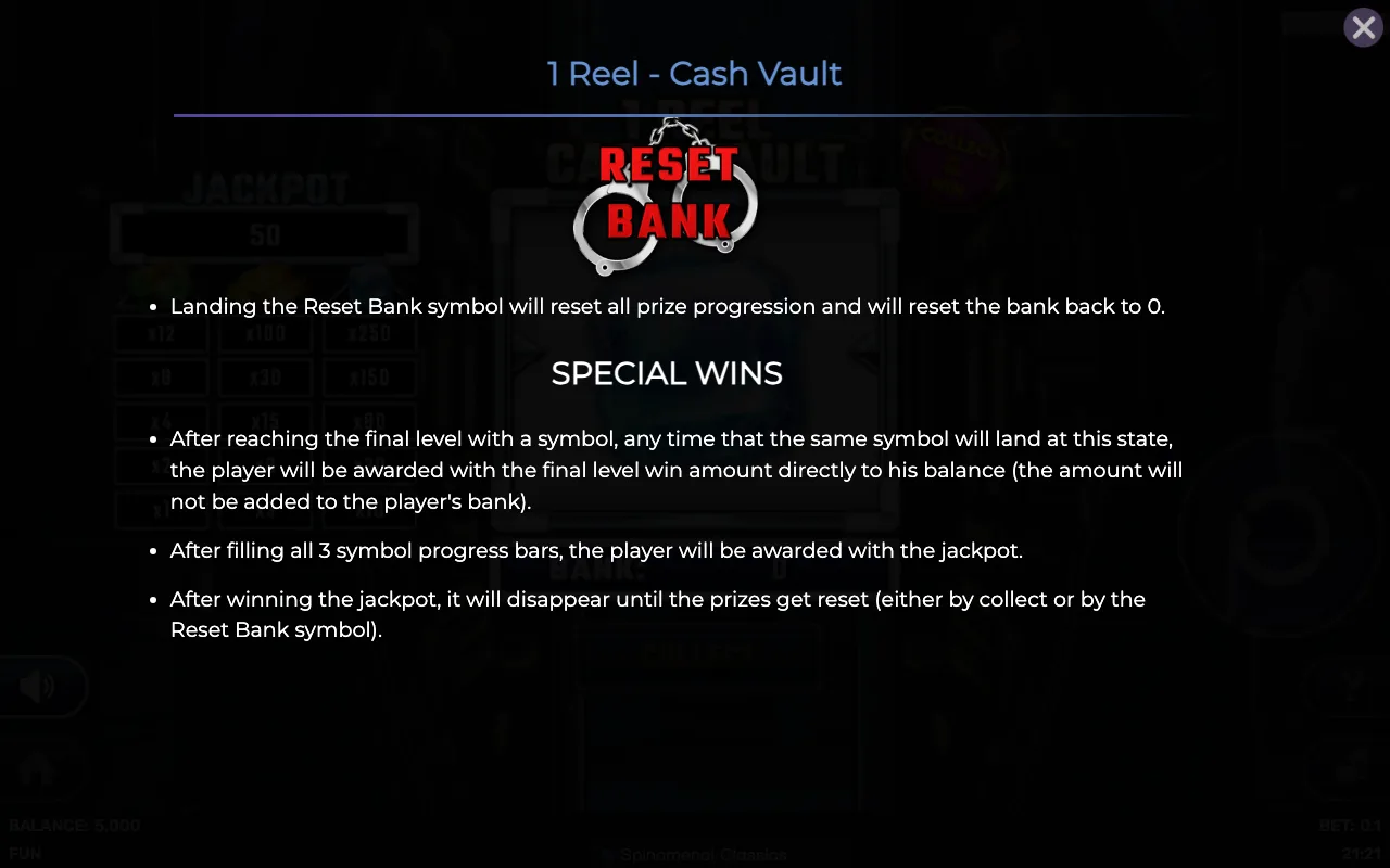 Special wins — 1 Reel Cash Vault