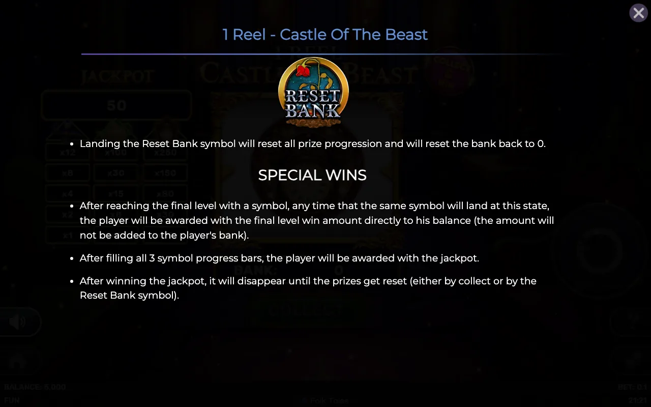 Special wins — 1 Reel Castle of The Beast