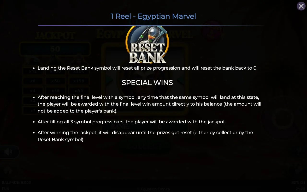 Special wins — 1 Reel Egyptian Marvel