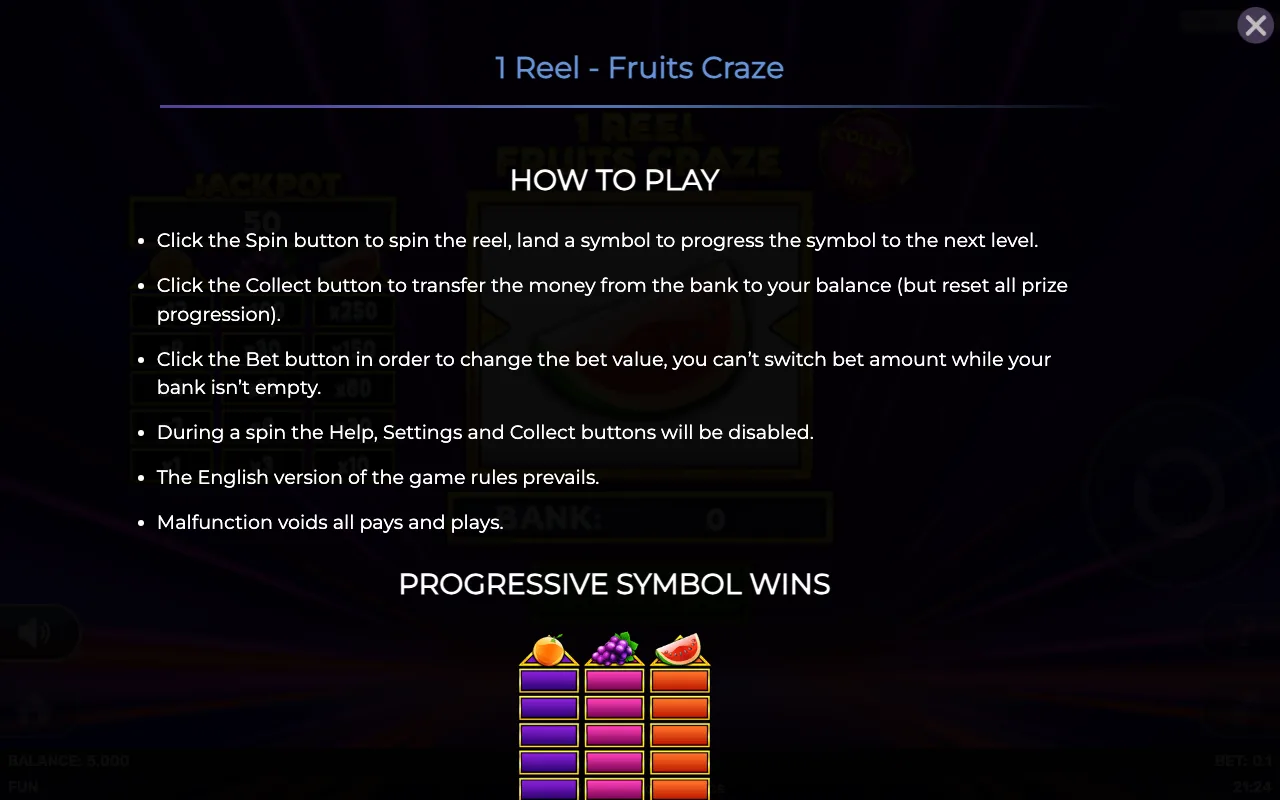 How to play — 1 Reel Fruits Craze