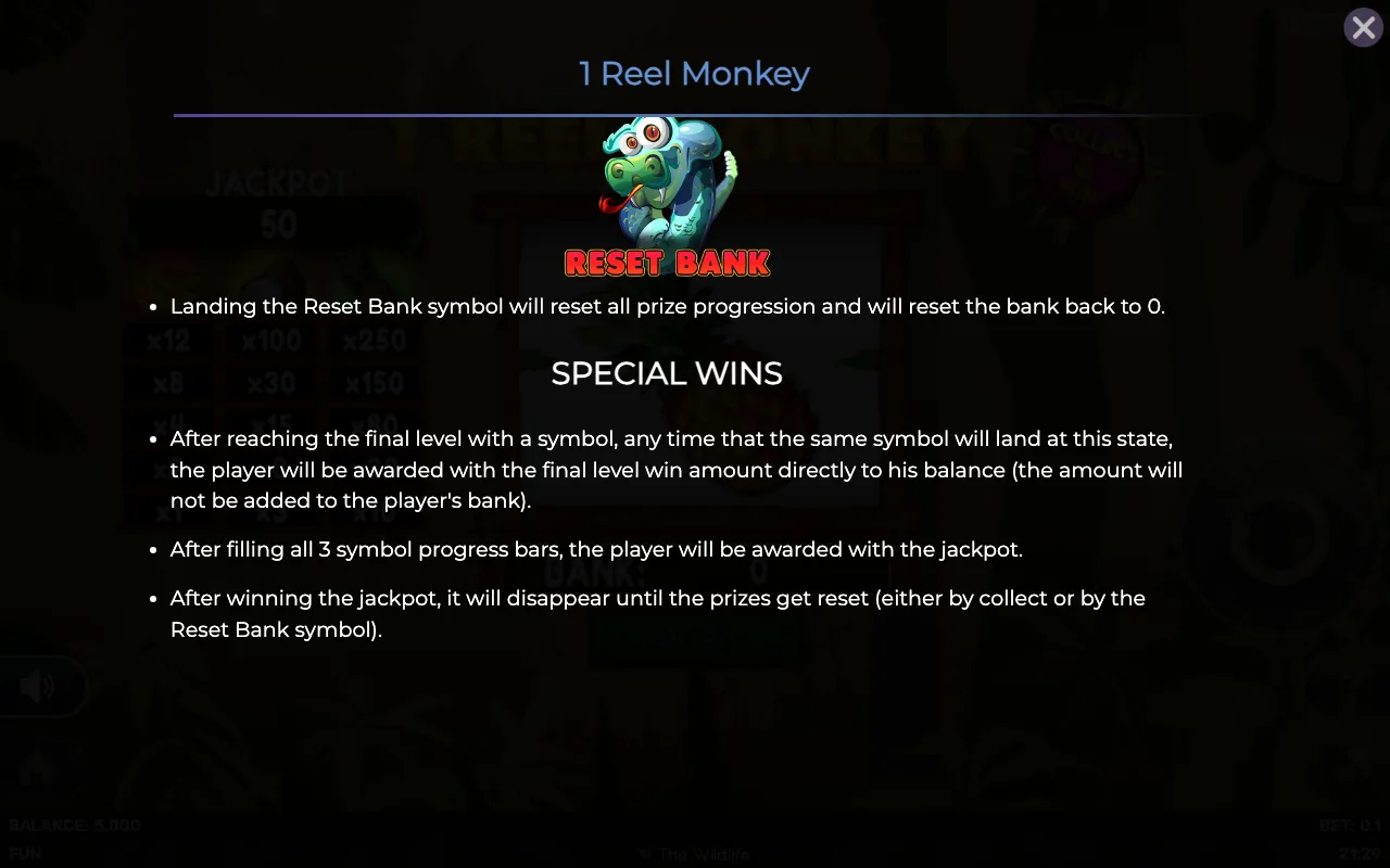 Special wins — 1 Reel Monkey