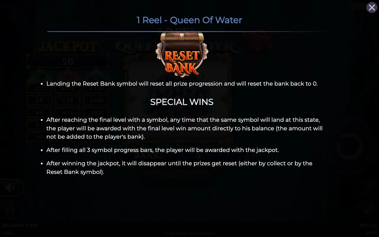 Special wins — 1 Reel Queen of Water