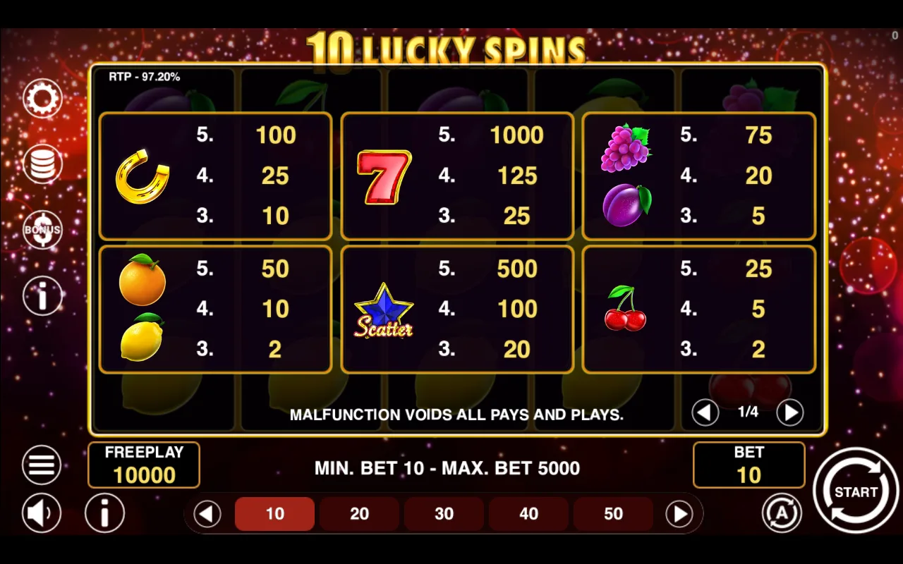 Game rules, page 1 — 10 Lucky Spins