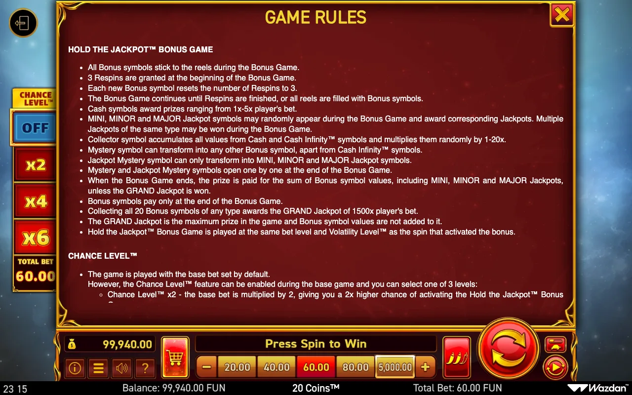 Hold the jackpot bonus game — 20 Coins