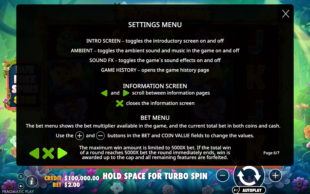 Settings menu — 3 Buzzing Wilds