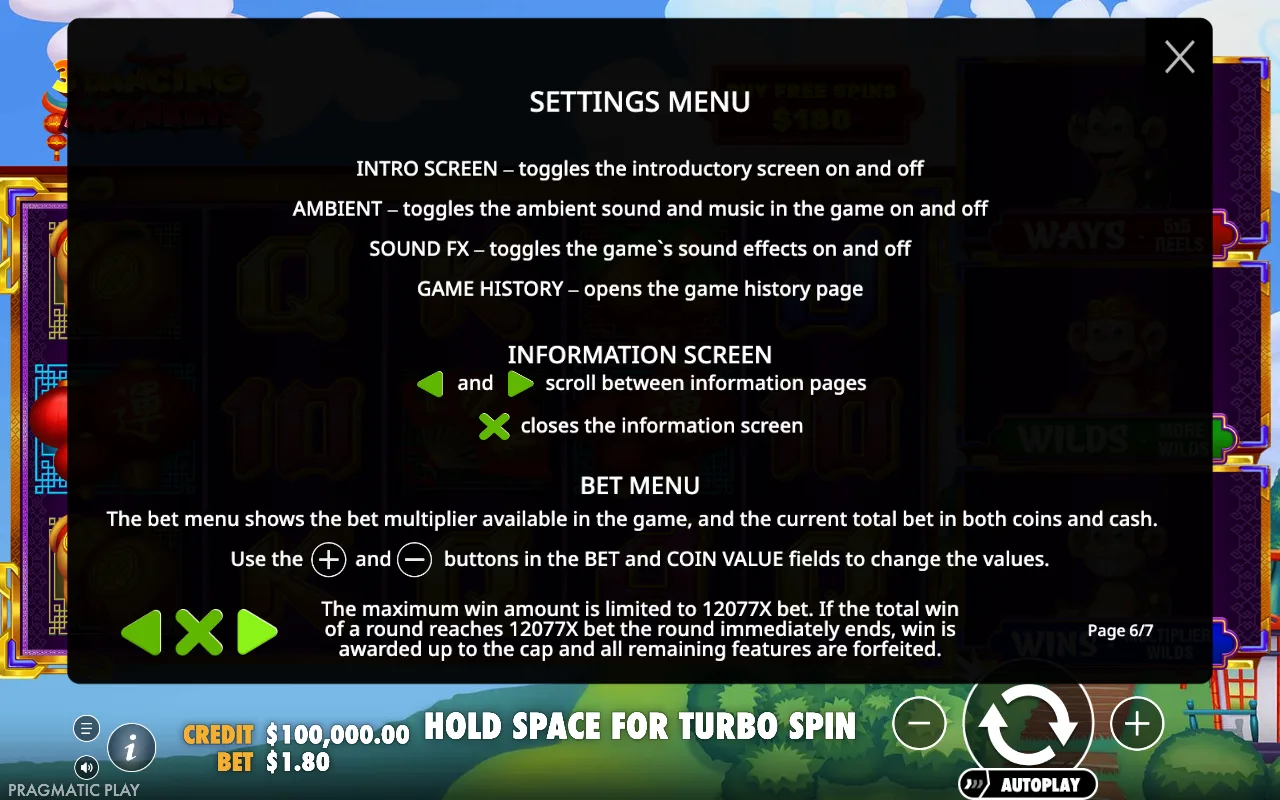 Settings menu — 3 Dancing Monkeys