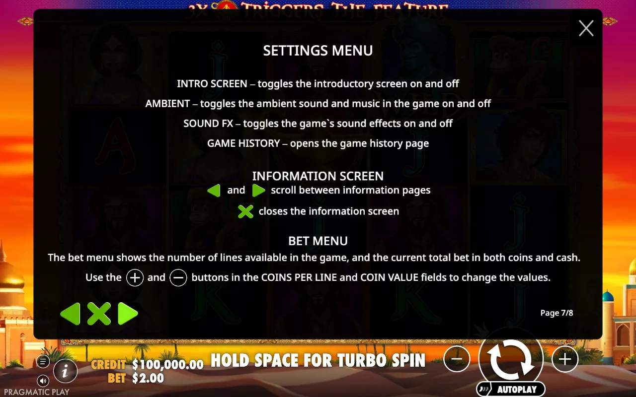 Settings menu — 3 Genie Wishes