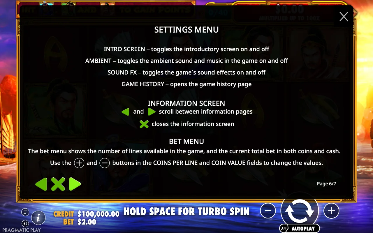 Settings menu — 3 Kingdoms — Battle of Red Cliffs