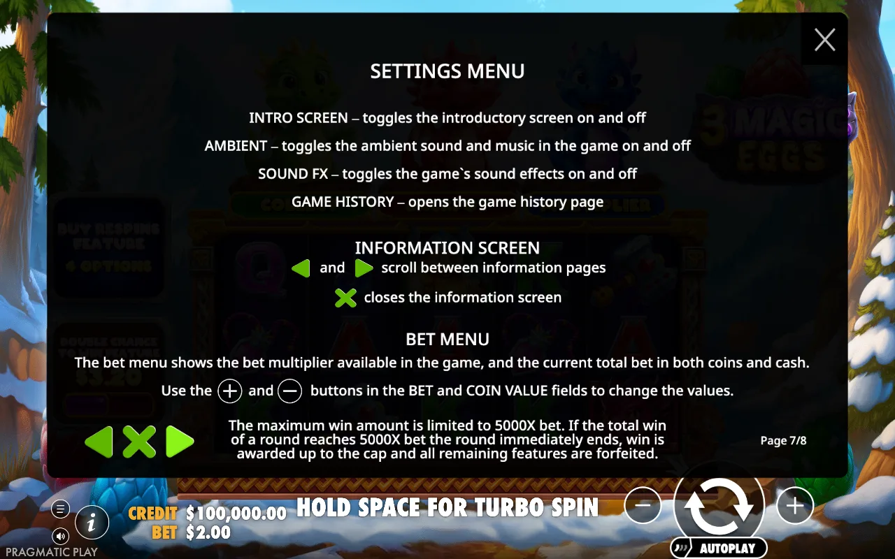 Settings menu — 3 Magic Eggs