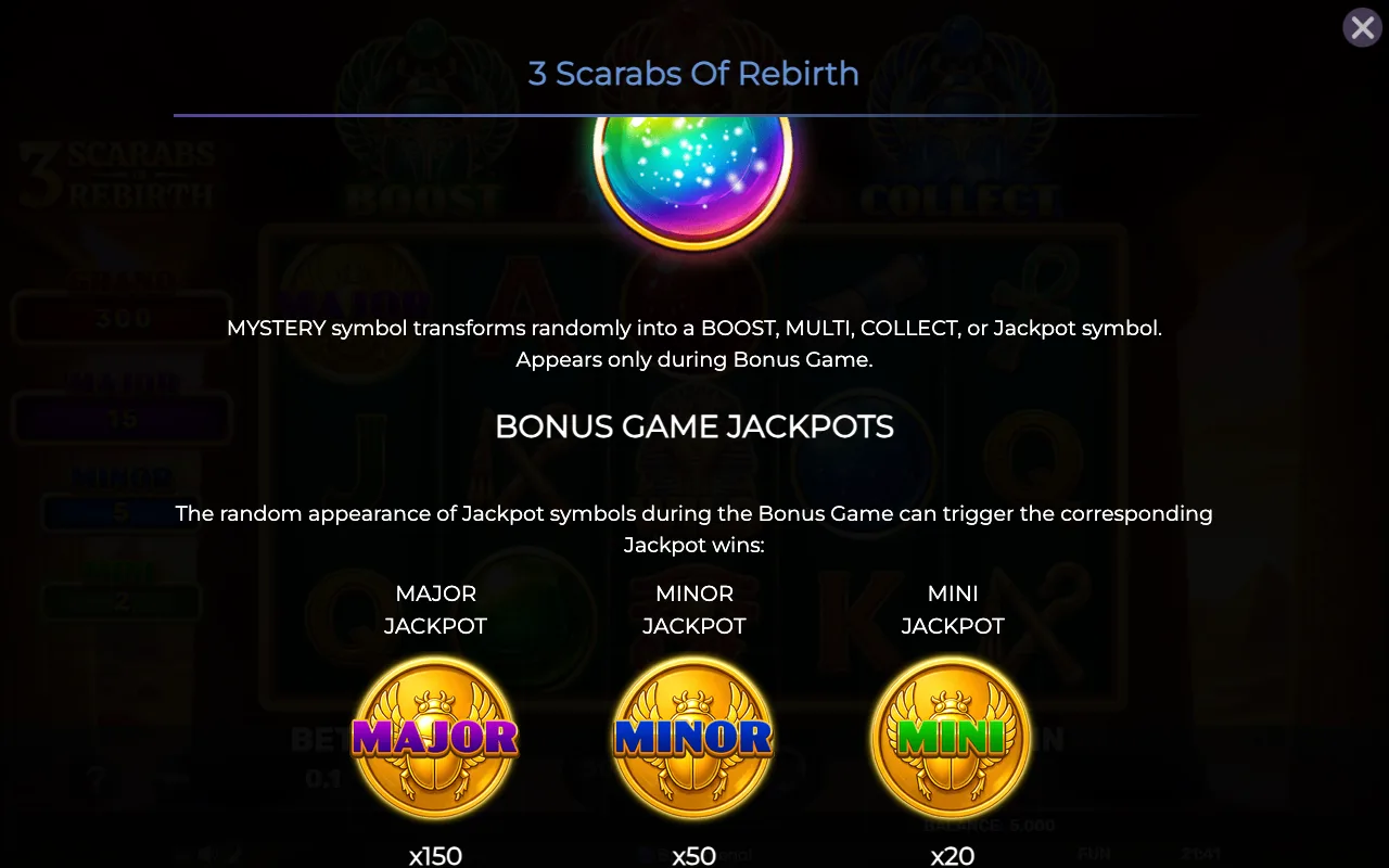Bonus game jackpots — 3 Scarabs of Rebirth