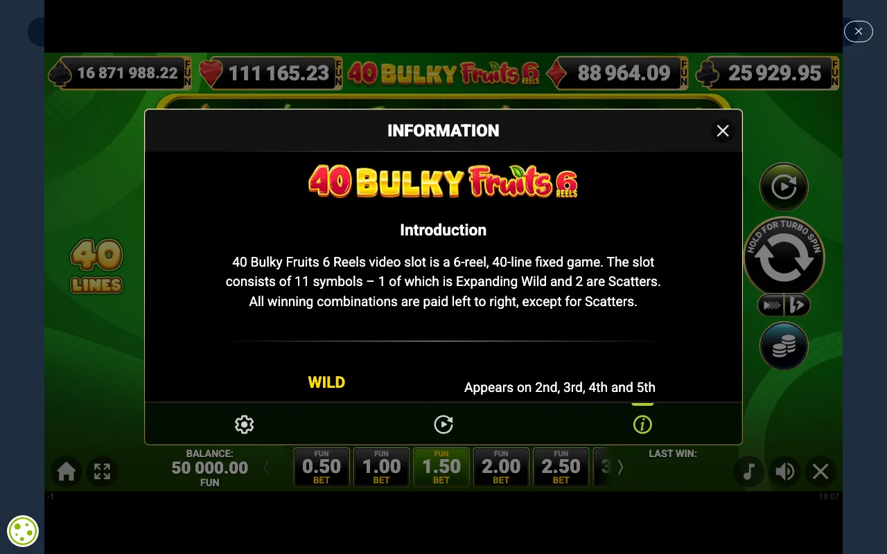 Game rules, page 1 — 40 Bulky Fruits 6 Reels