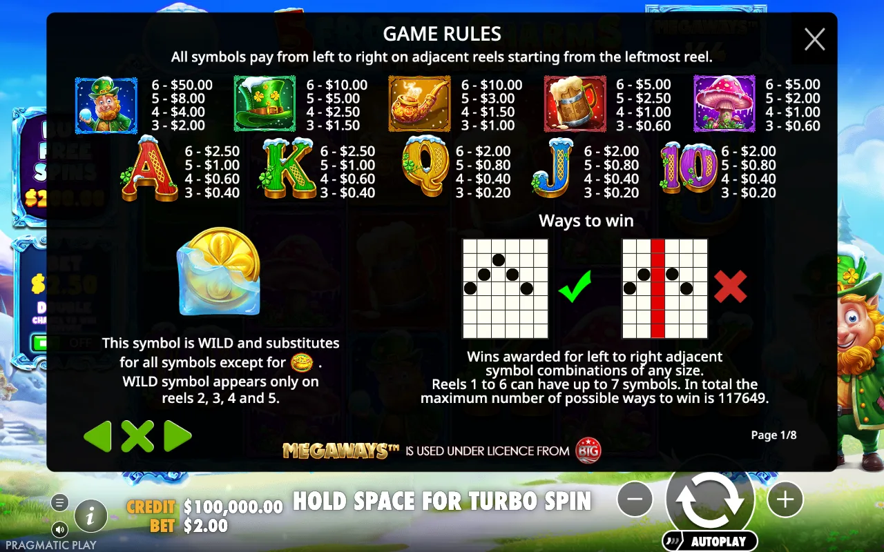 Game rules, page 1 — 5 Frozen Charms Megaways