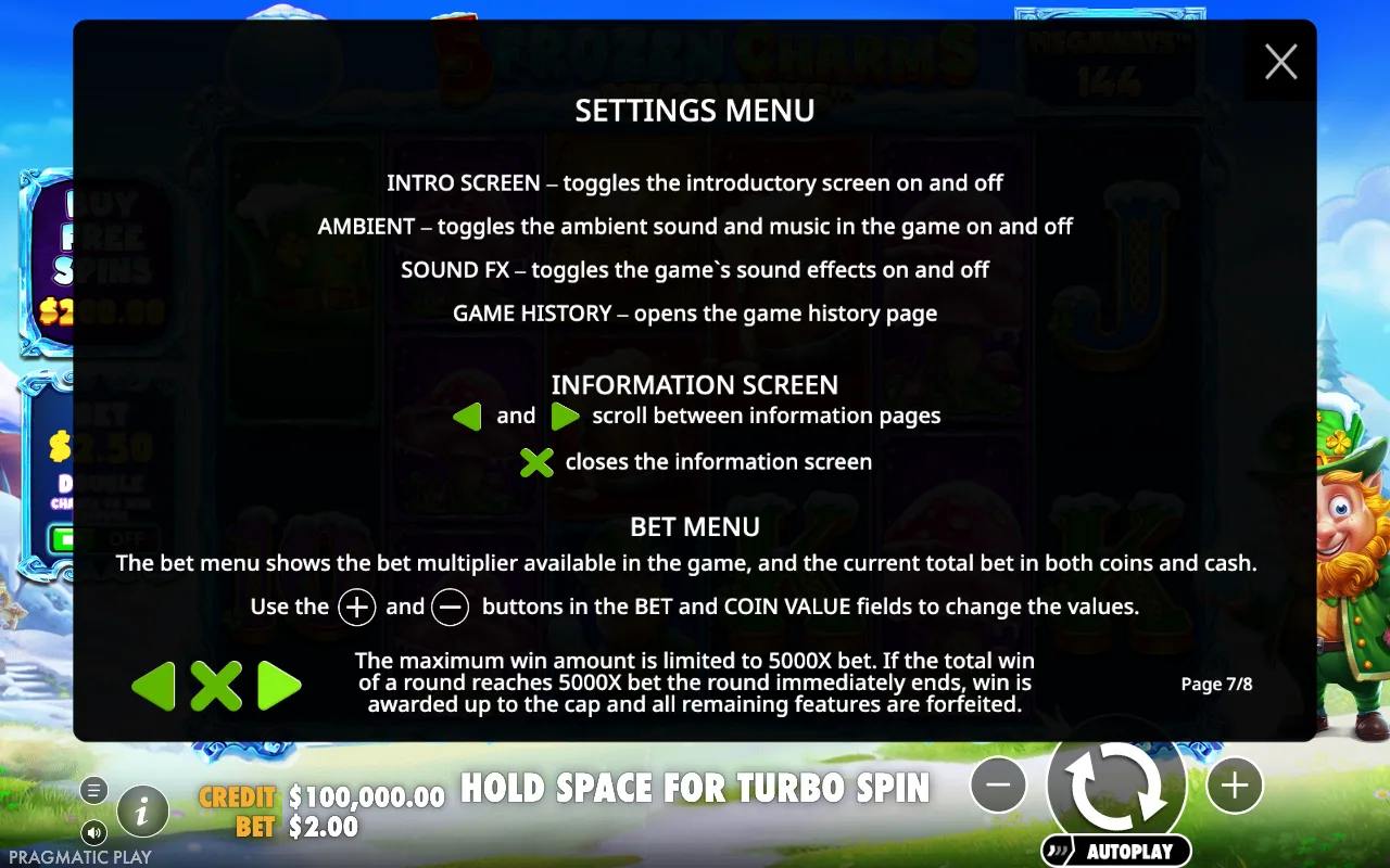Settings menu — 5 Frozen Charms Megaways