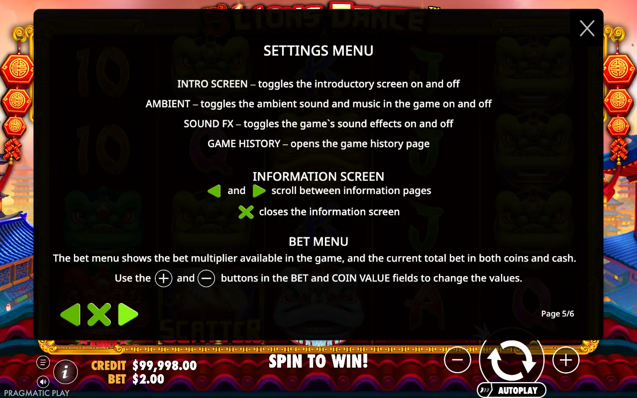 Settings menu — 5 Lions Dance