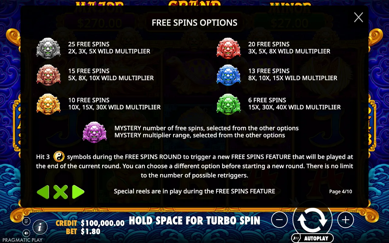 Free spins options — 5 Lions Gold