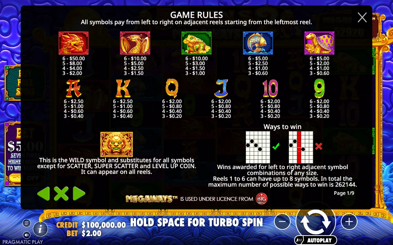 Game rules, page 1 — 5 Lions Megaways 2