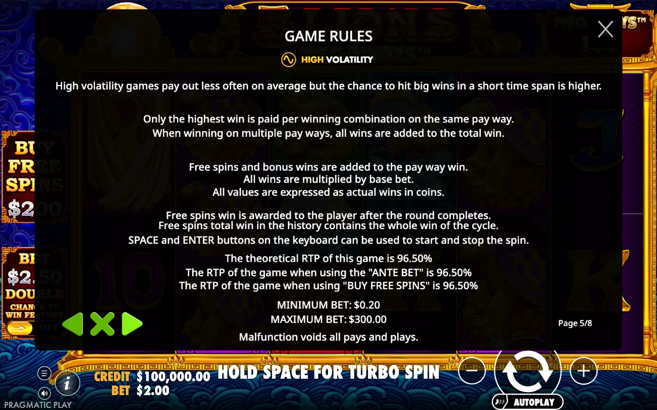Game rules — 5 Lions Megaways