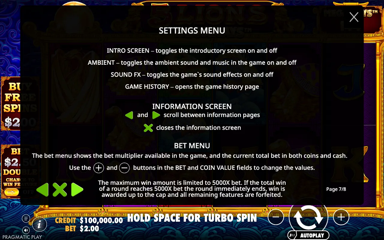 Settings menu — 5 Lions Megaways