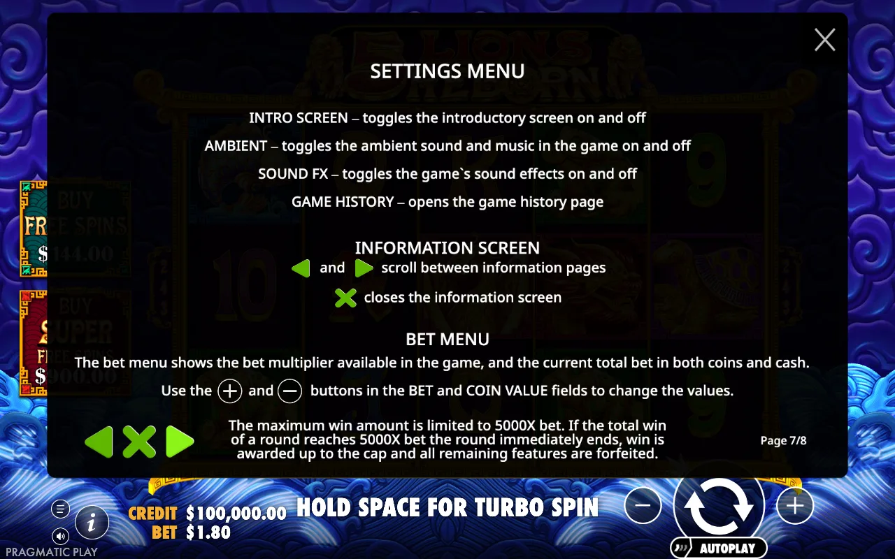 Settings menu — 5 Lions Reborn