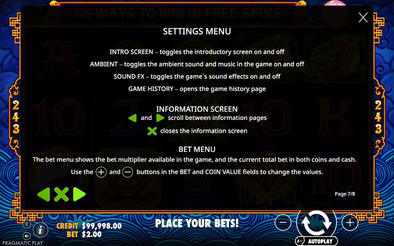 Settings menu — 5 Lions