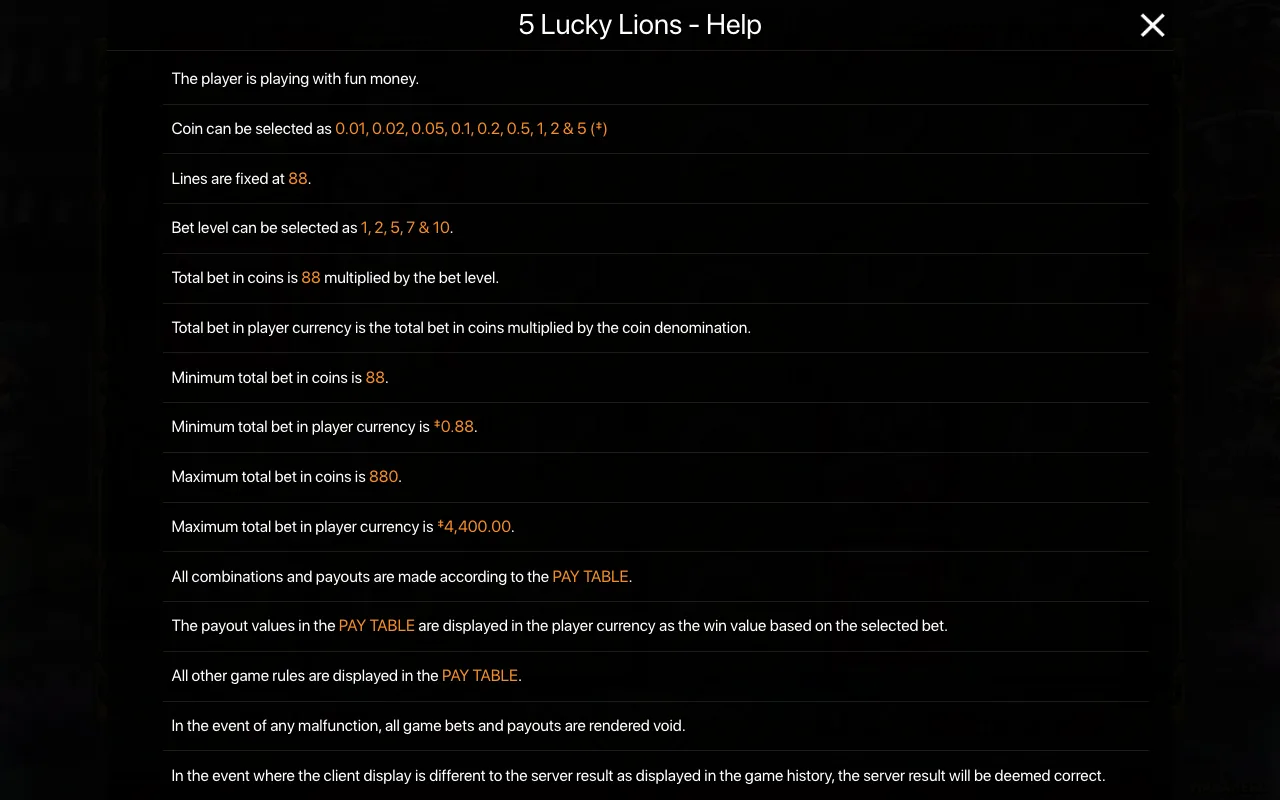 Game rules, page 1 — 5 Lucky Lions