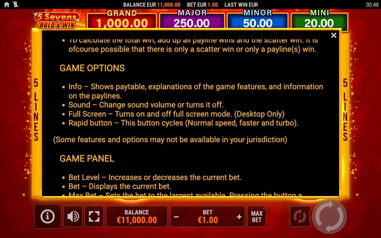 Game options — 5 Sevens Hold And Win