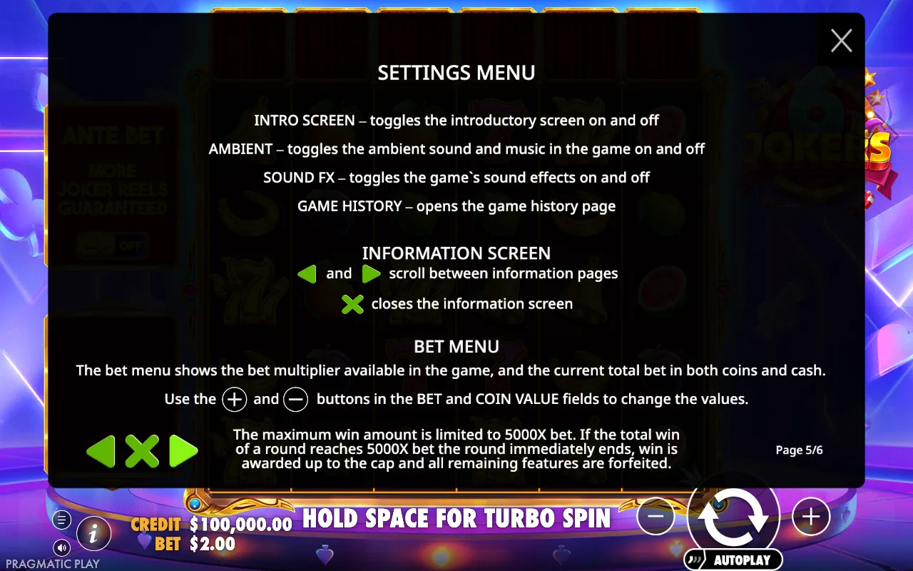 Settings menu — 6 Jokers
