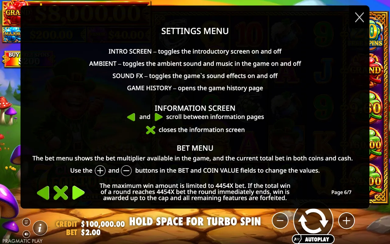 Settings menu — 7 Clovers of Fortune