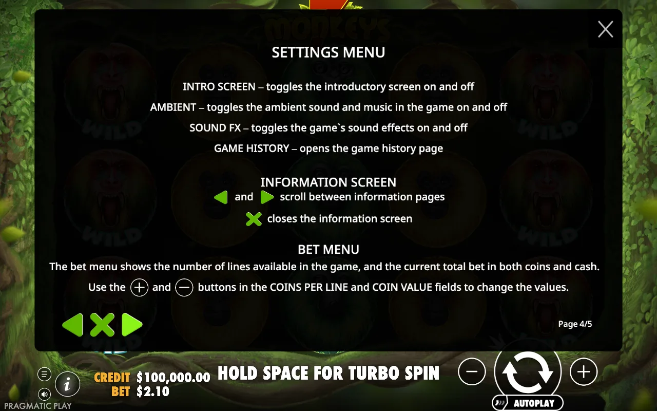 Settings menu — 7 Monkeys