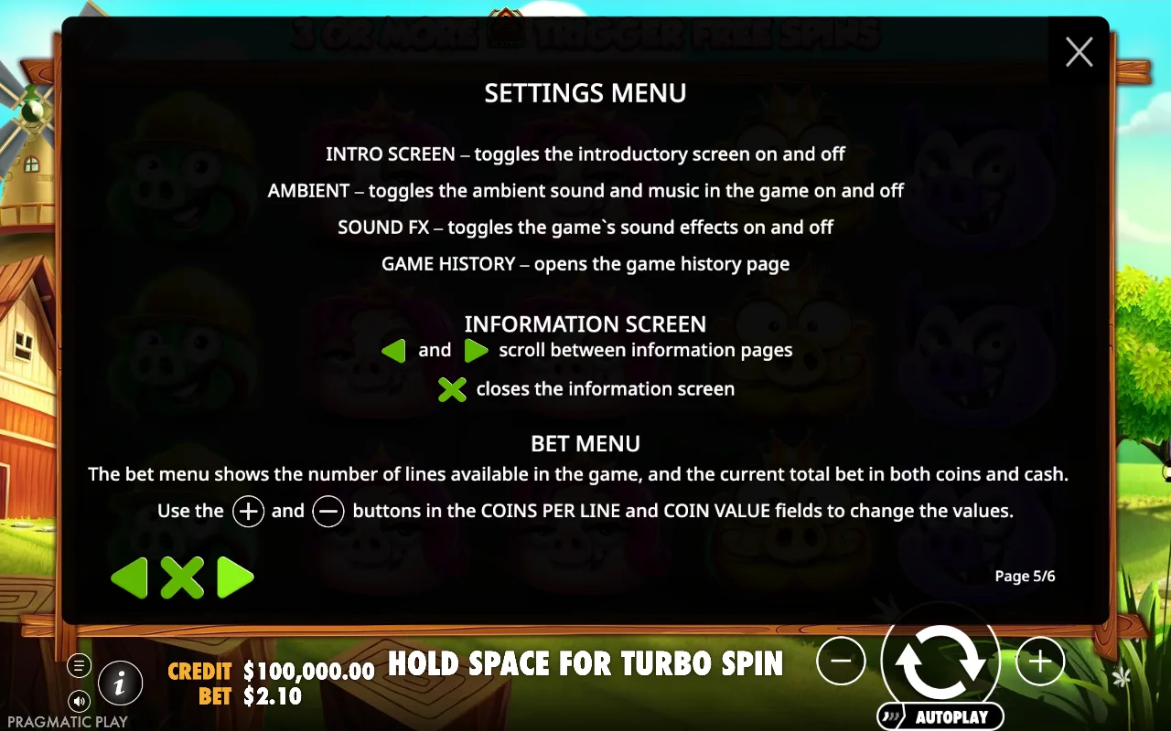 Settings menu — 7 Piggies