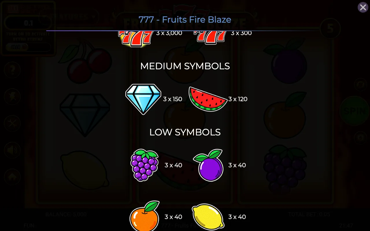 Medium symbols — 777 Fruits Fire Blaze