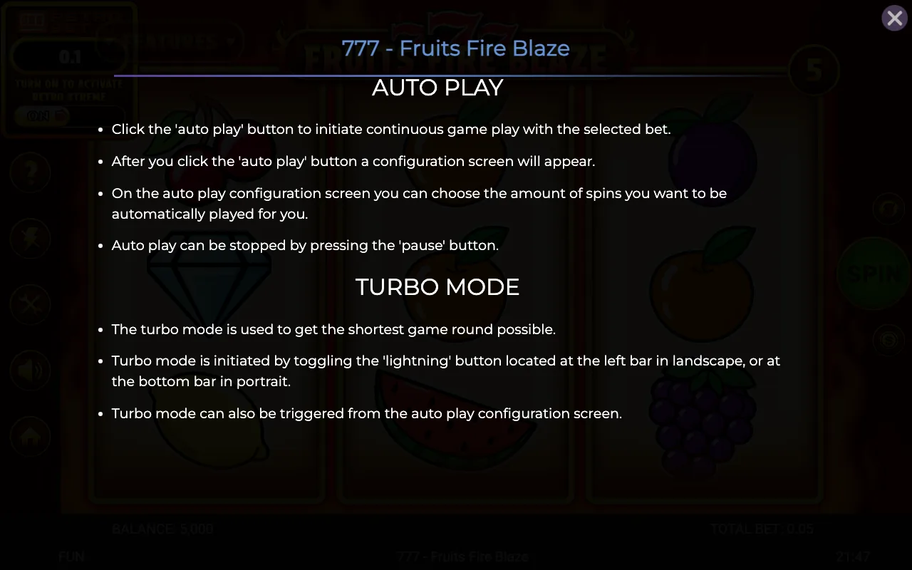 Game rules, page 5 — 777 Fruits Fire Blaze