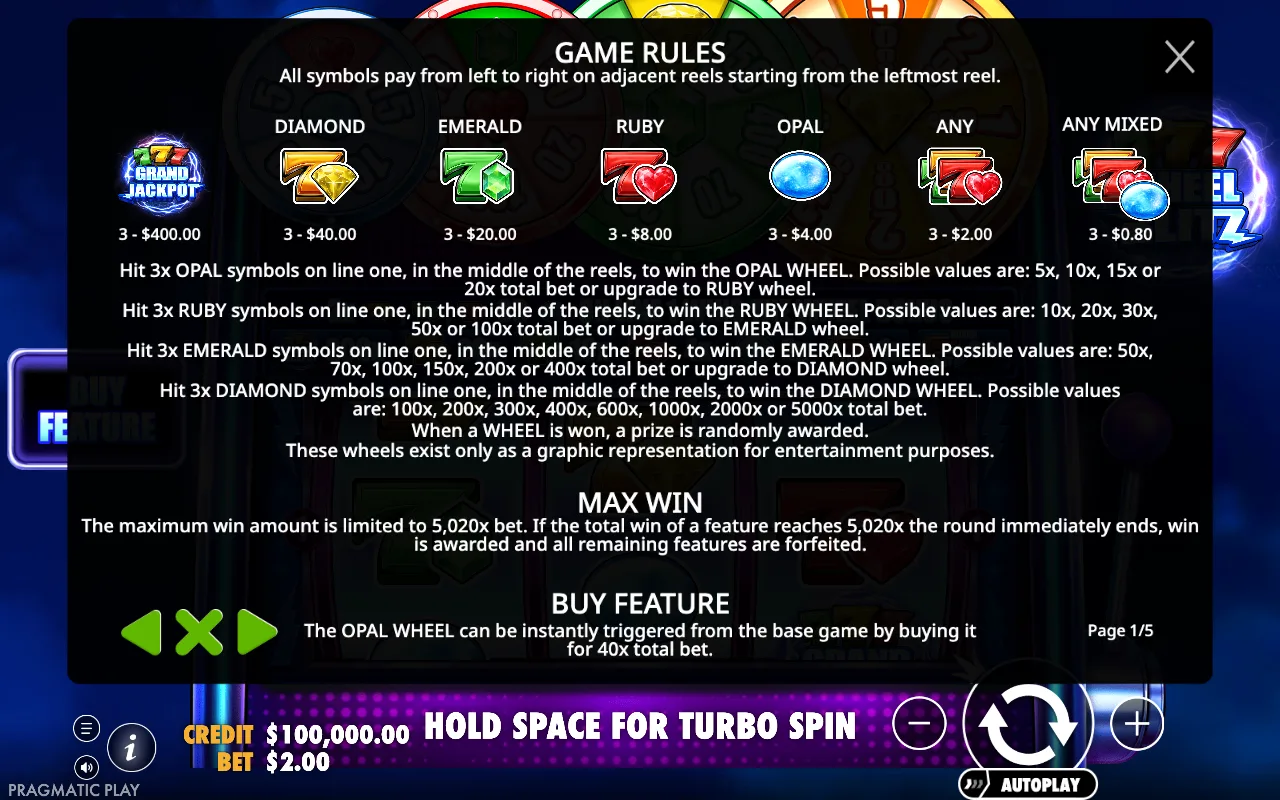 Game rules, page 1 — 777 Wheel Blitz