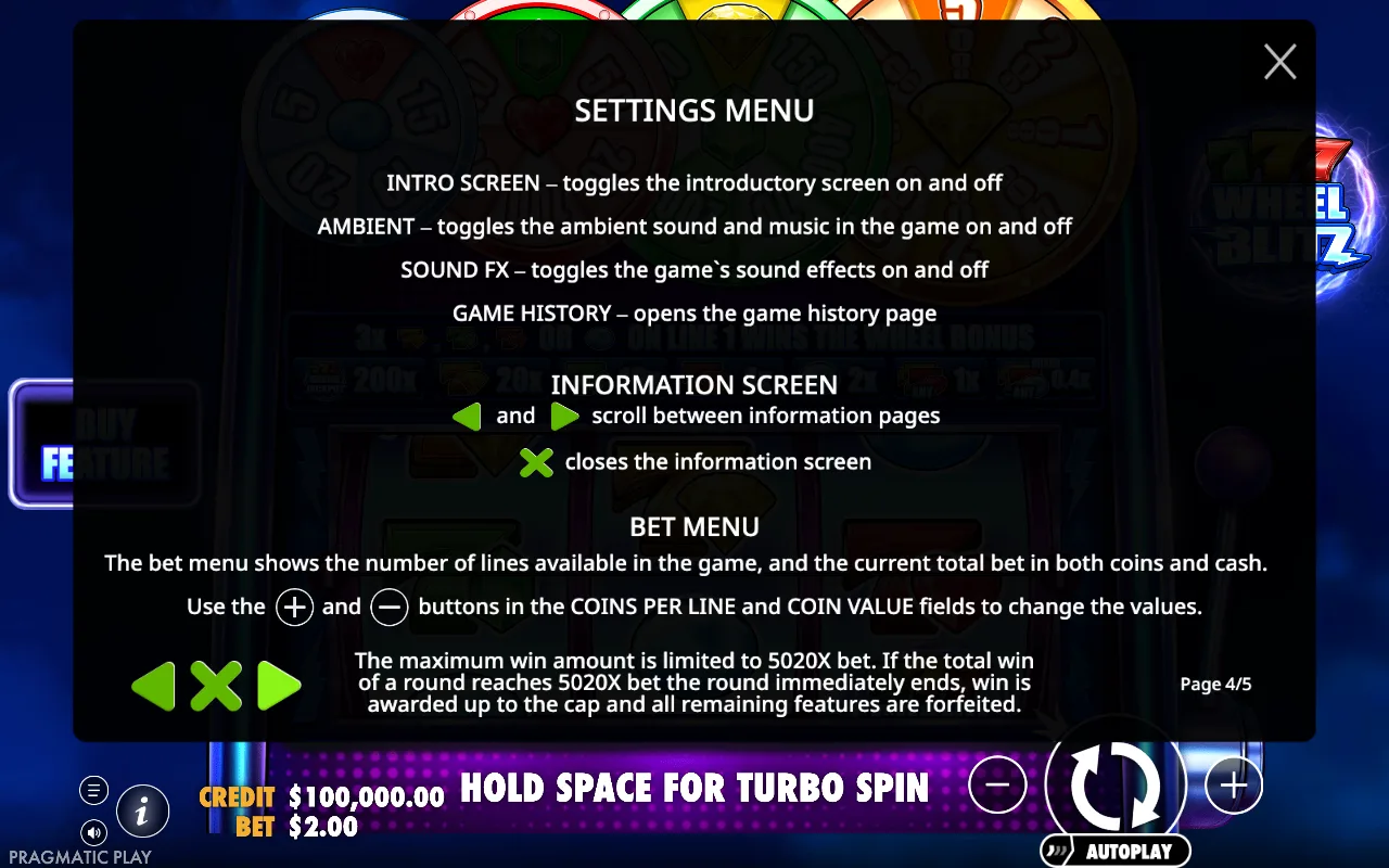 Settings menu — 777 Wheel Blitz