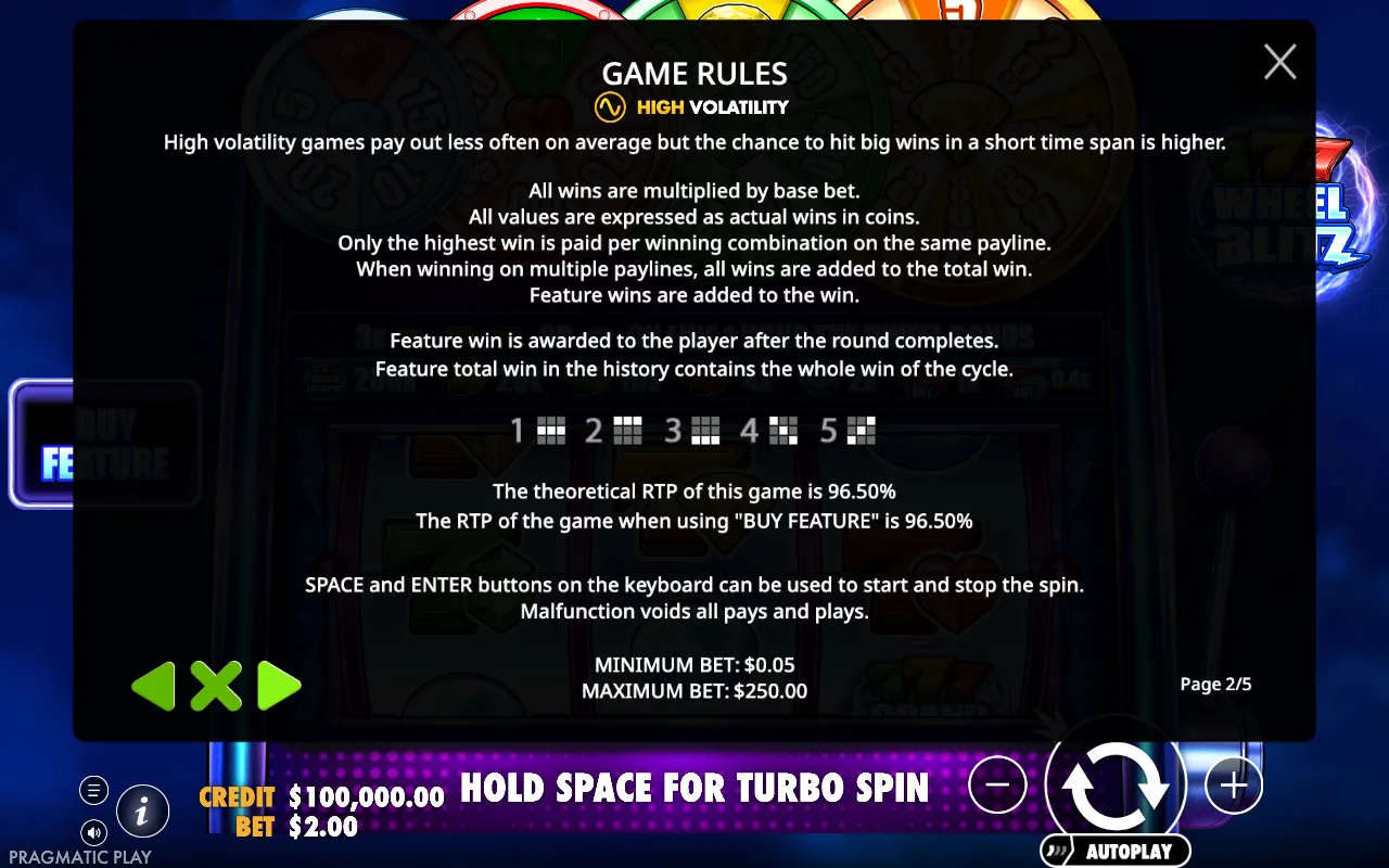 Game rules — 777 Wheel Blitz