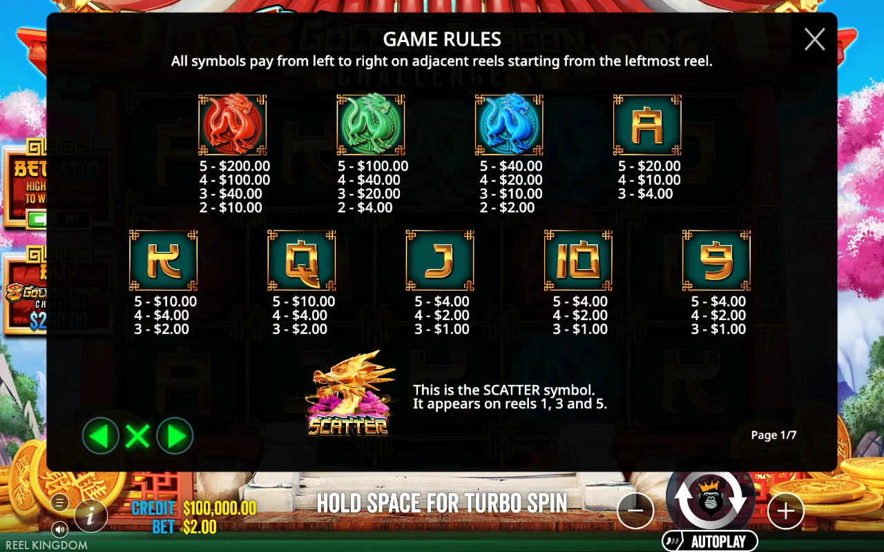 Game rules, page 1 — 8 Golden Dragon Challenge