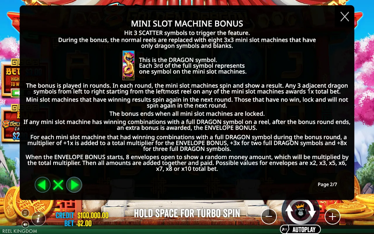 Mini slot machine bonus — 8 Golden Dragon Challenge