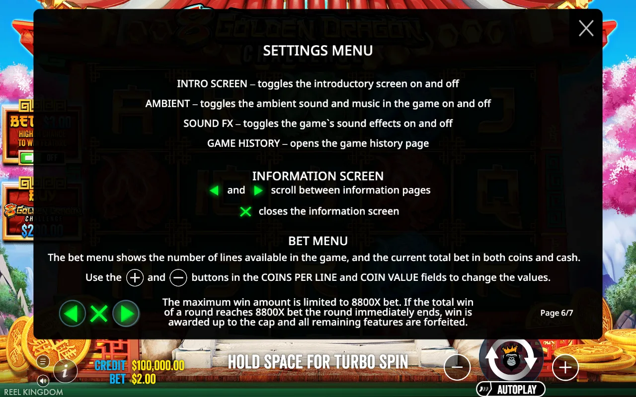 Settings menu — 8 Golden Dragon Challenge