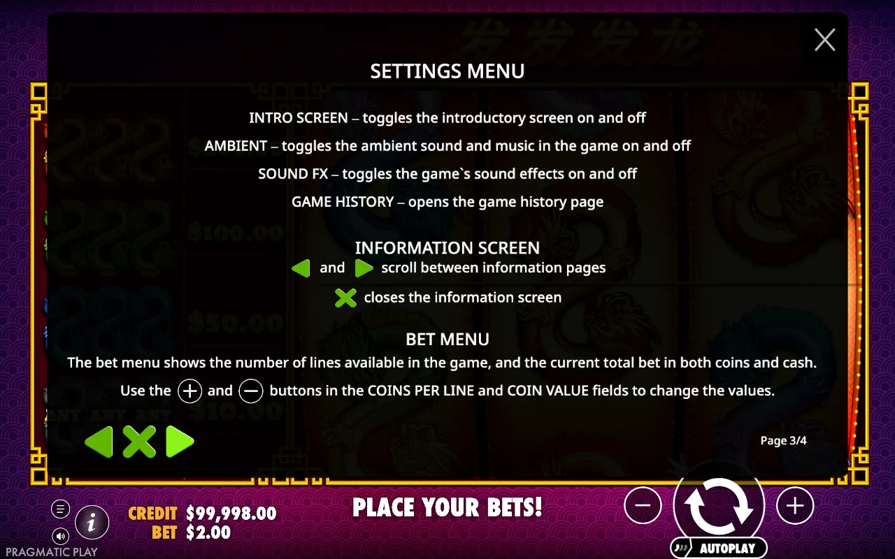 Settings menu — 888 Dragons