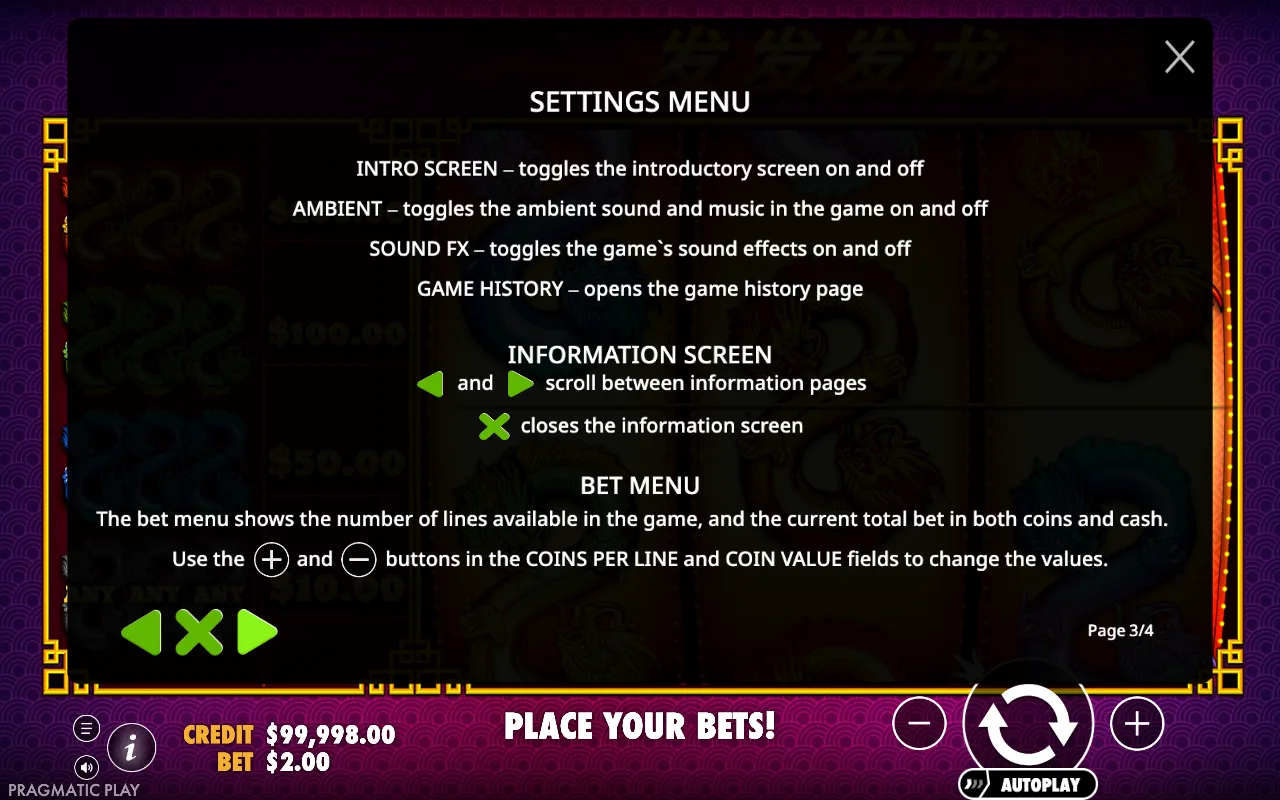 Settings menu — 888 Dragons