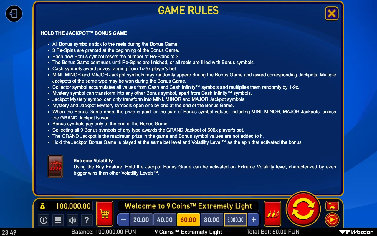 Hold the jackpot bonus game — 9 Coins Extremely Light