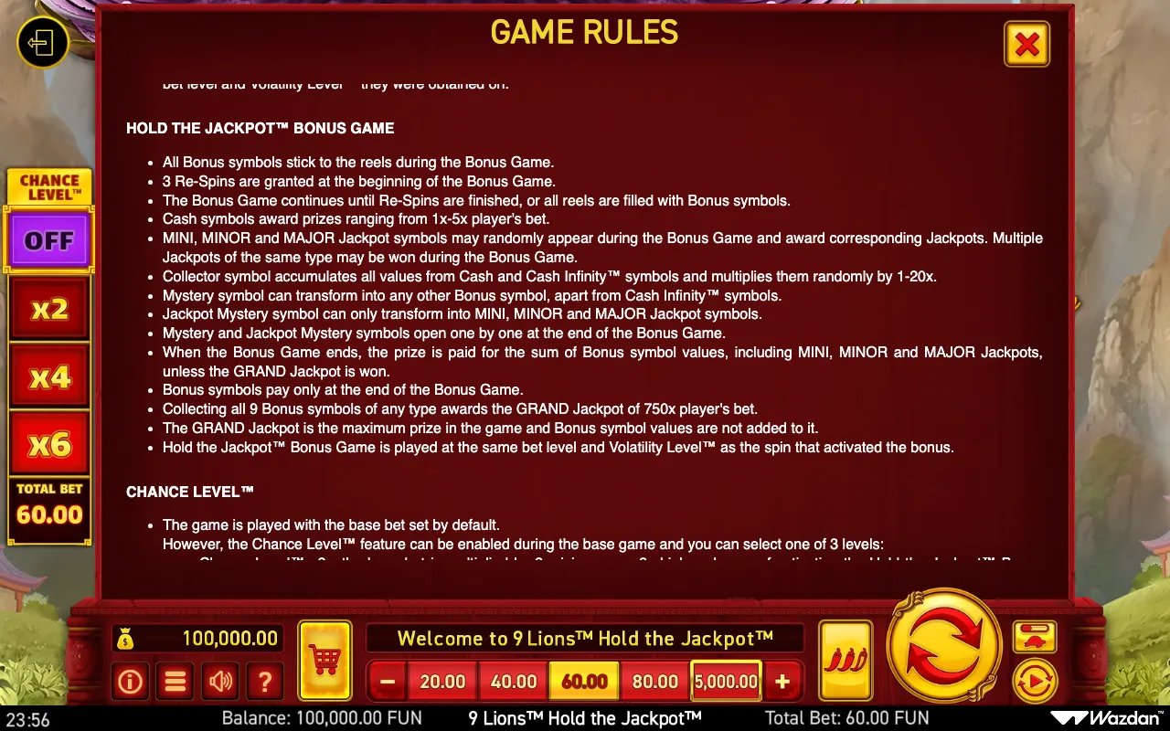 Hold the jackpot bonus game — 9 Lions Hold The Jackpot