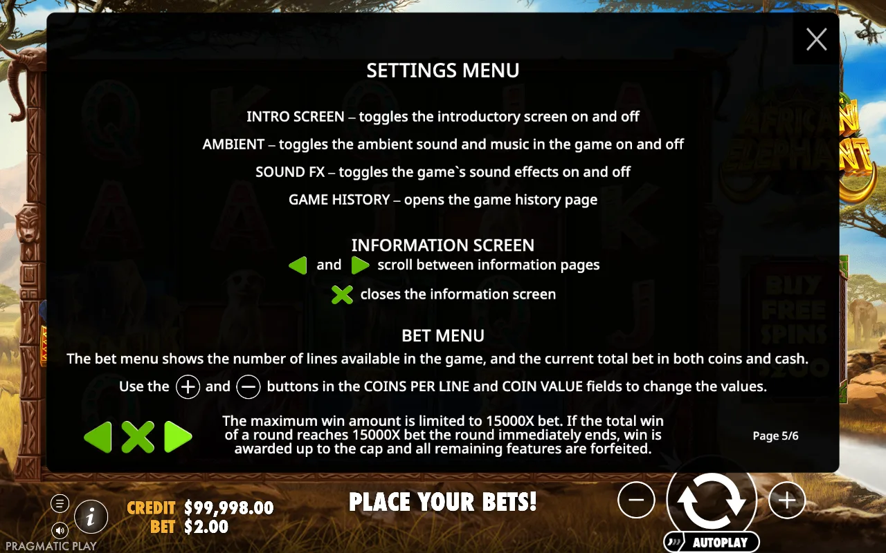 Settings menu — African Elephant