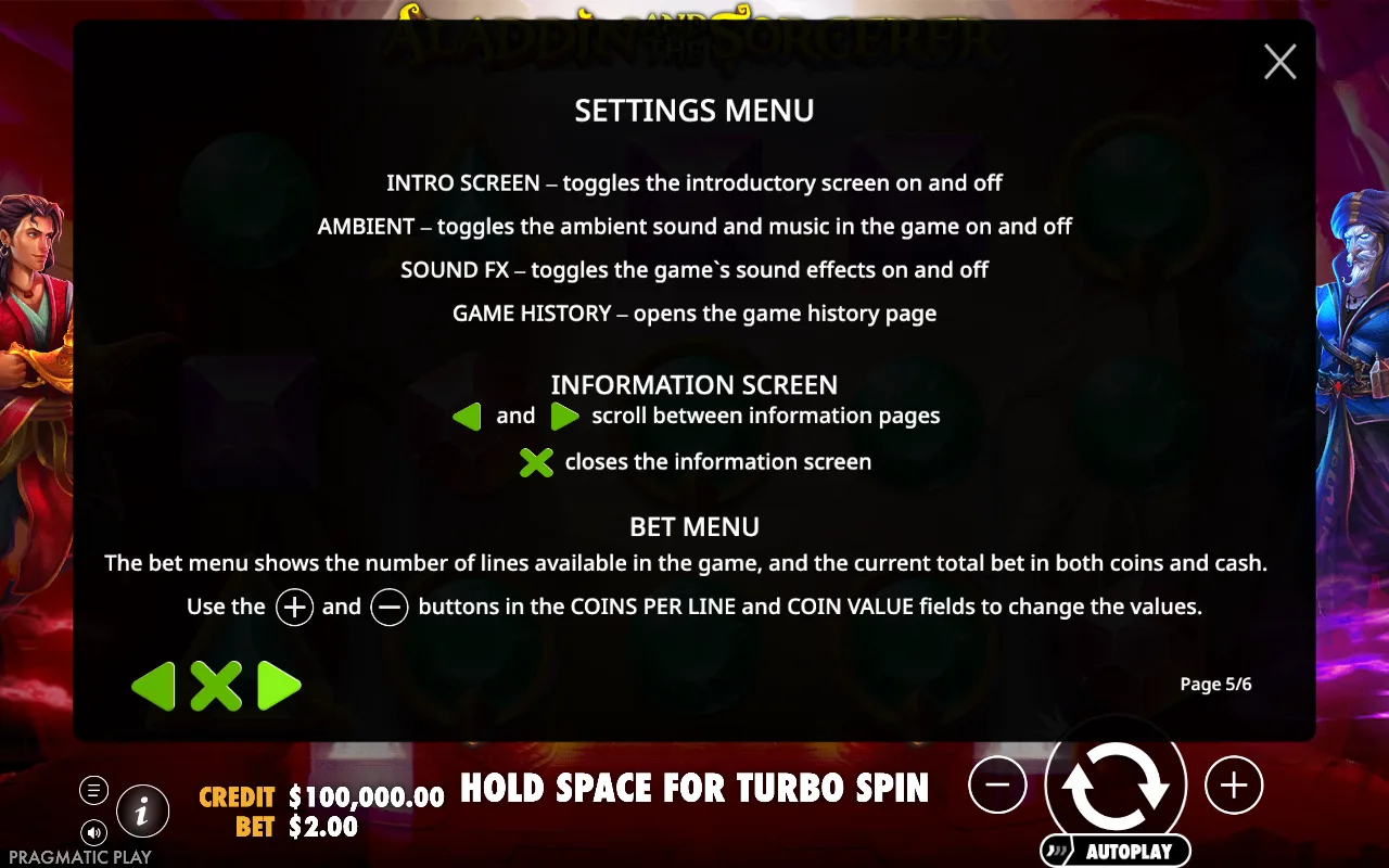 Settings menu — Aladdin and the Sorcerer