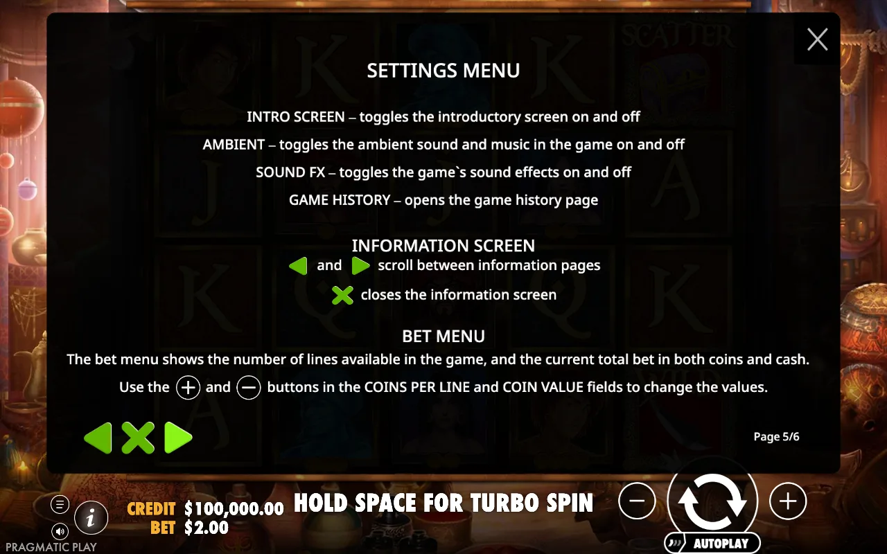 Settings menu — Aladdin's Treasure